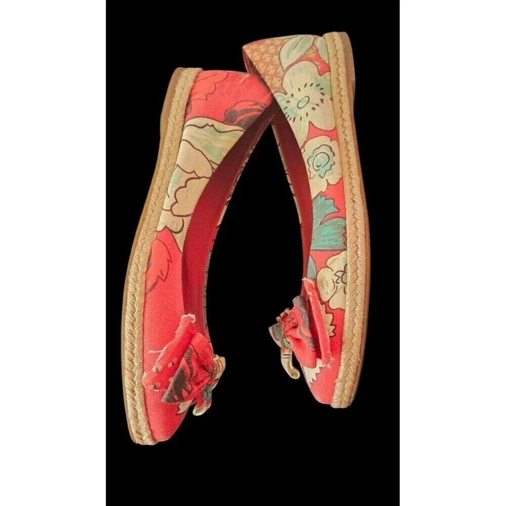 Tory Burch Tasmin Red Floral Print Espadrille Flats Canvas Jute Sole Women's 7B